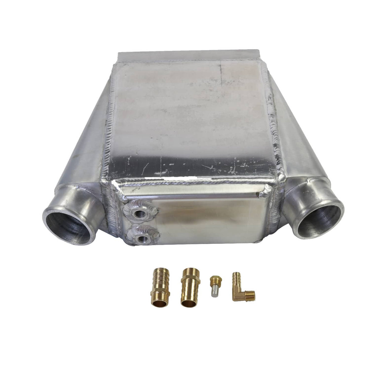 Aluminum intercooler heat exchanger with two side inlet ports and brass fittings