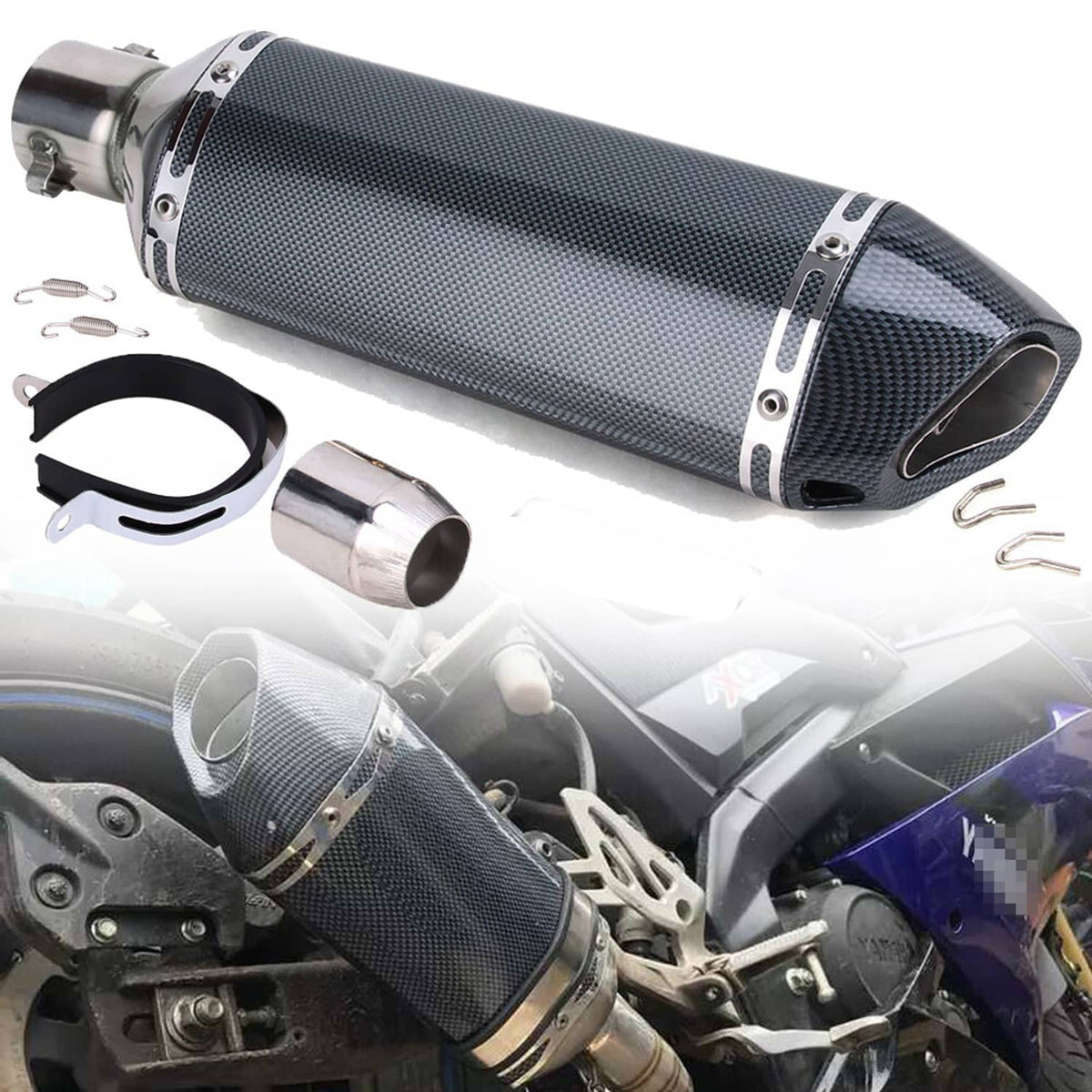 Motorcycle exhaust muffler pipe, carbon fiber sleeve with chrome end and mounting parts