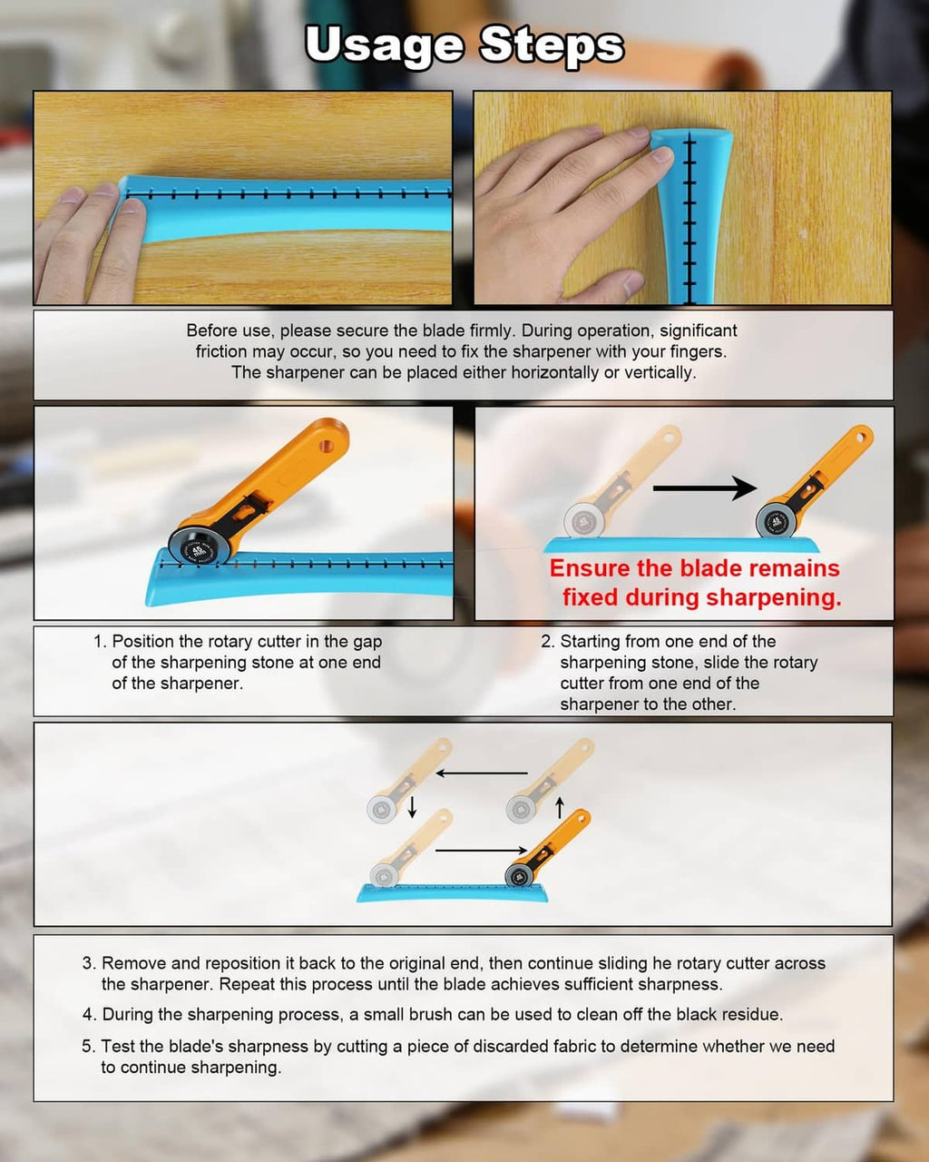 Blue guide and orange linear rotary blade sharpener in use on a cutting mat.