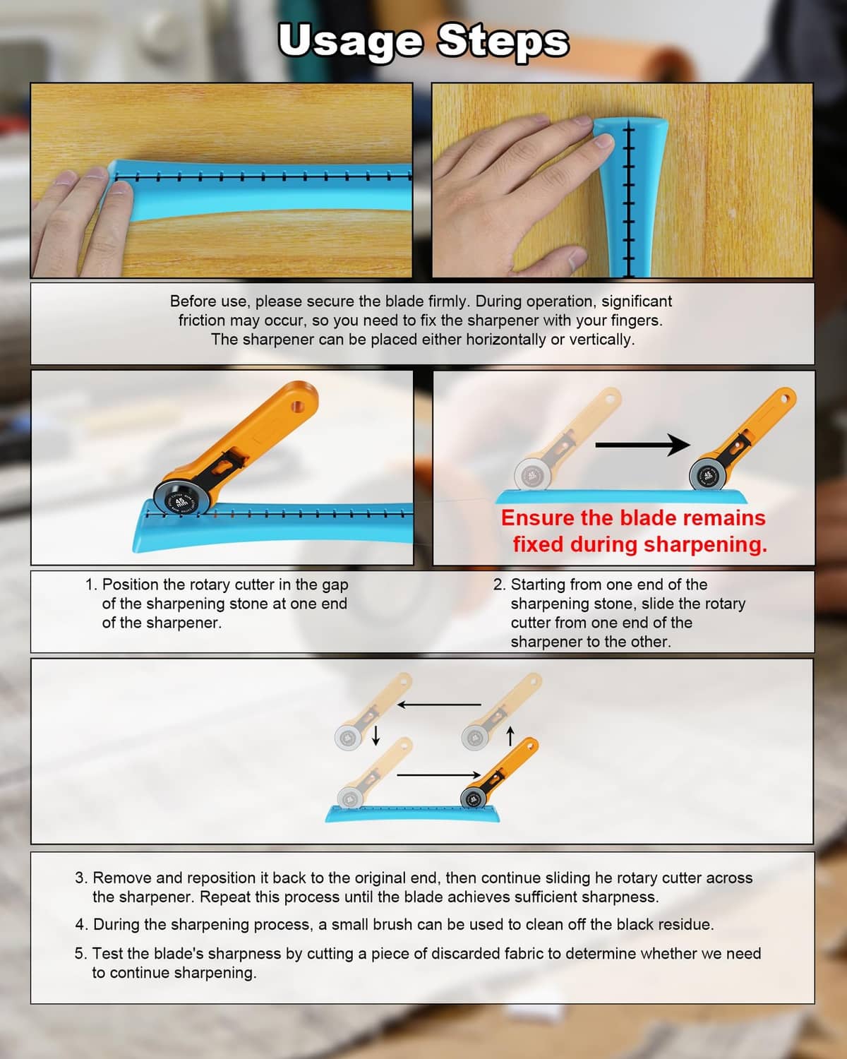 Blue guide and orange linear rotary blade sharpener in use on a cutting mat.
