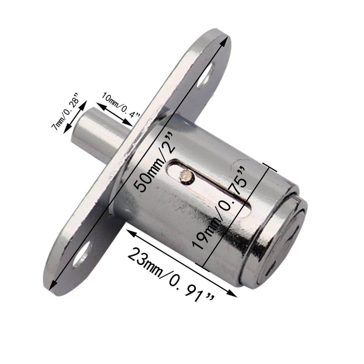 Push plunger lock cylinder with mounting plate and size measurement markings