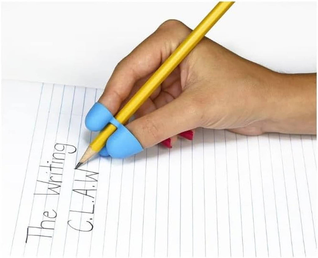 Pencil grip in use: hand writing with yellow pencil fitted with light blue ergonomic grip