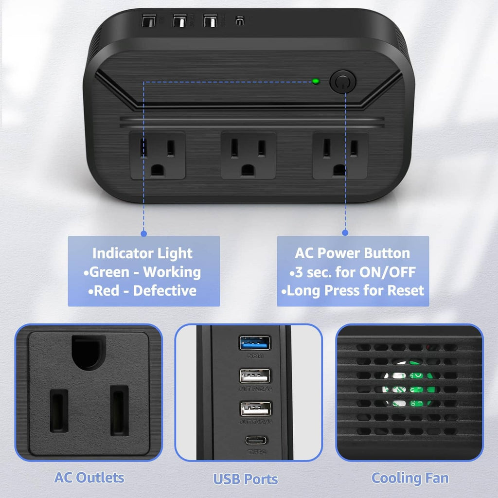 Voltage converter back panel with AC outlets, USB ports, green indicator, and cooling fan