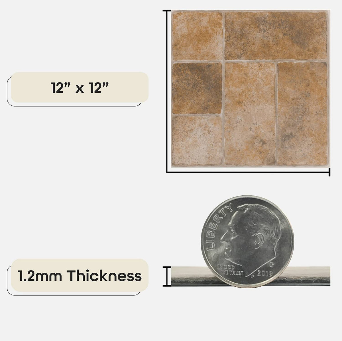 12 x 12 in stone-look vinyl floor tile square, warm brown and beige, with scale