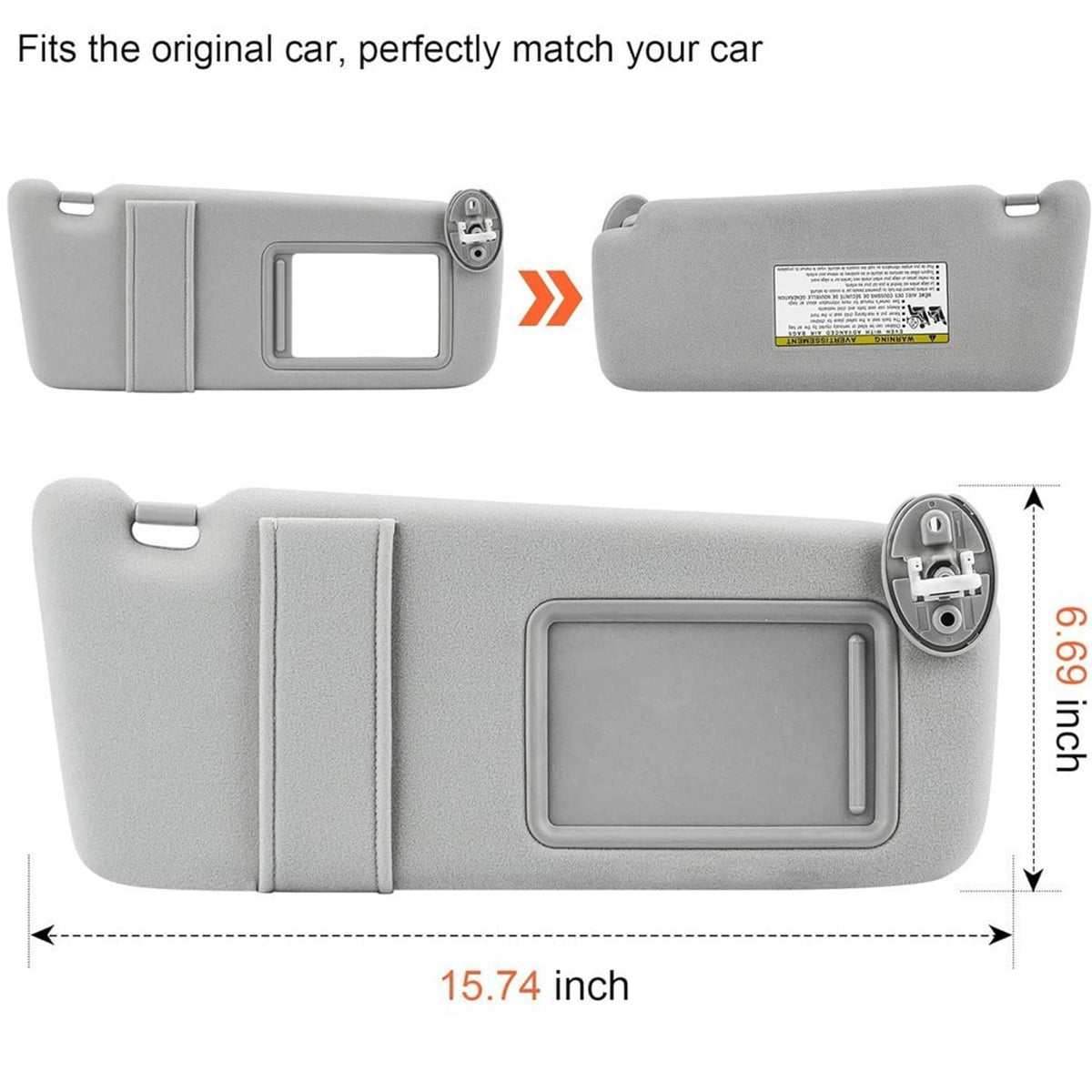 Gray sun visor pair showing front mirror panel and back mounting label