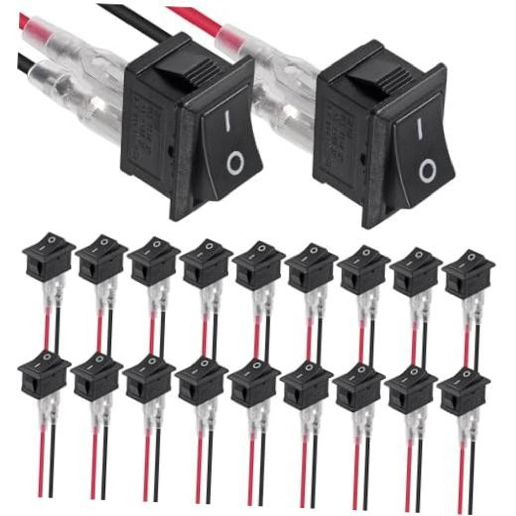 Black on/off boat rocker switch, 2-position, snap-in 2-pin with clear wiring leads