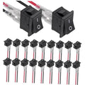 Black on/off boat rocker switch, 2-position, snap-in 2-pin with clear wiring leads