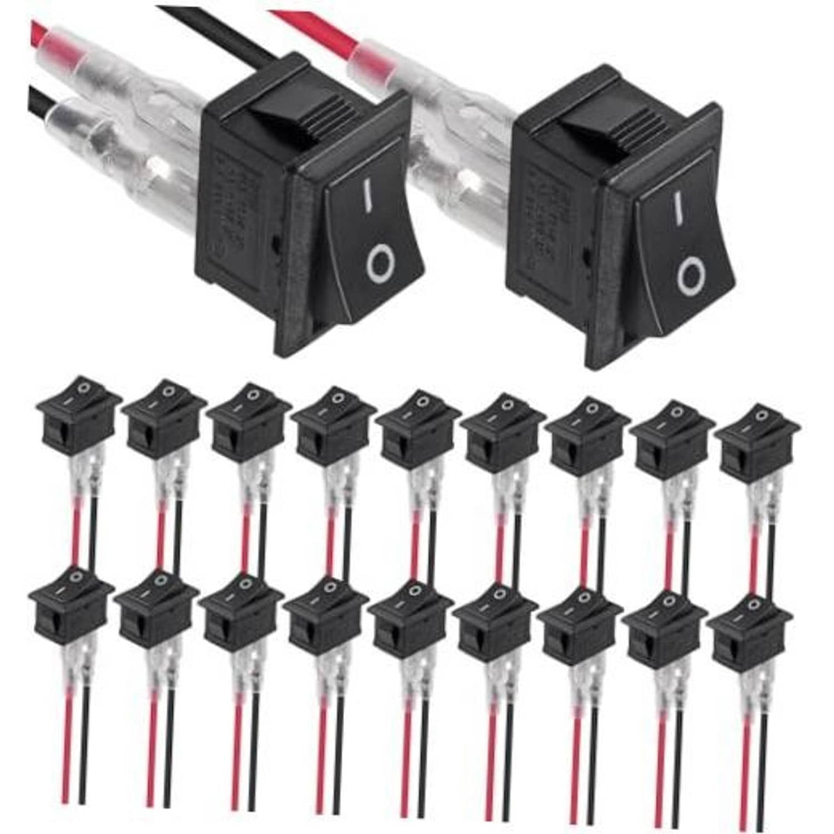 Black on/off boat rocker switch, 2-position, snap-in 2-pin with clear wiring leads