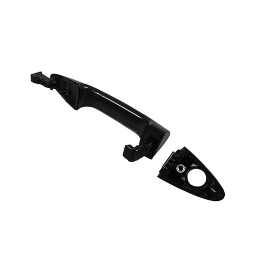 Black exterior door handle outer piece with mounting tabs and round keyhole
