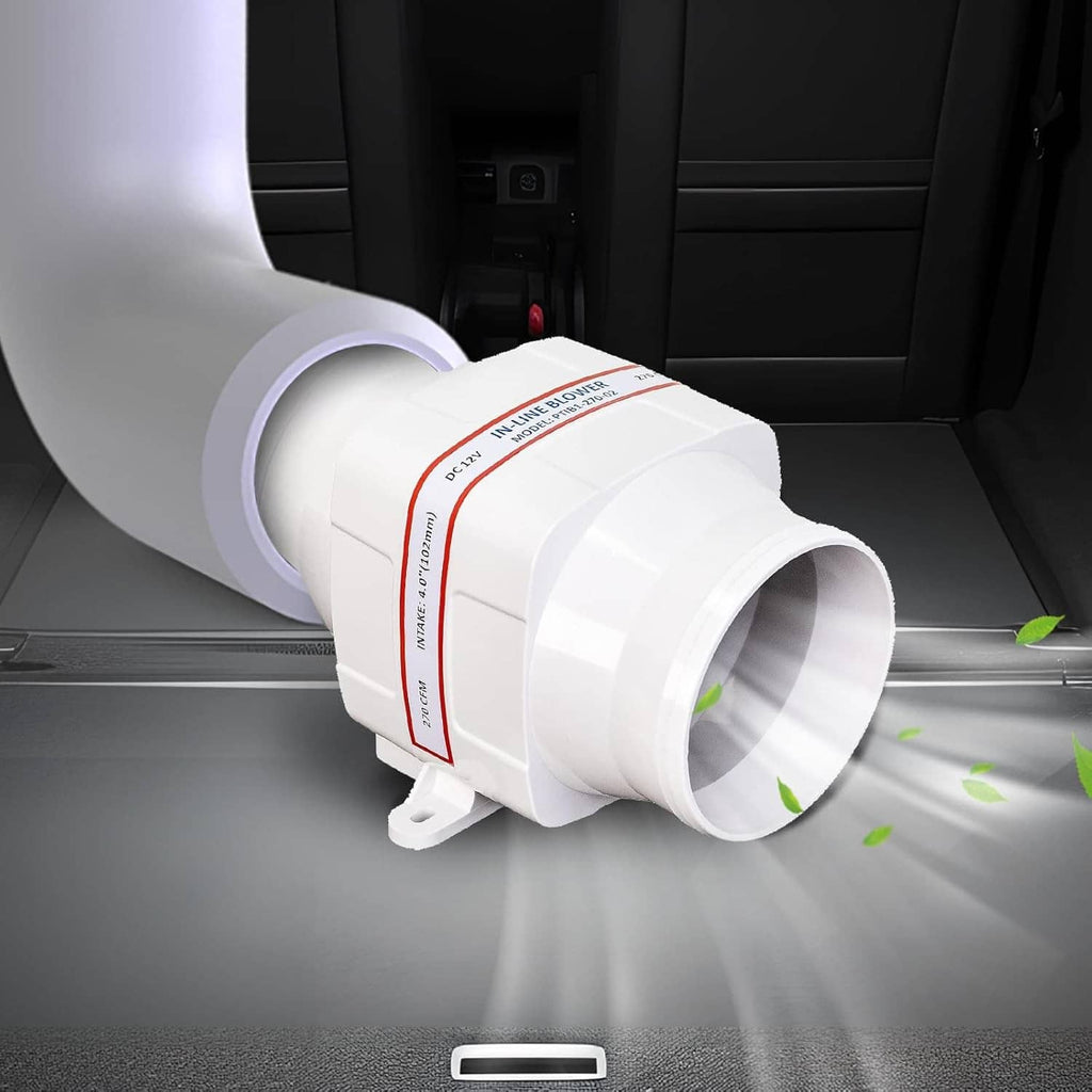 White in-line bilge air blower mounted under flooring with visible airflow