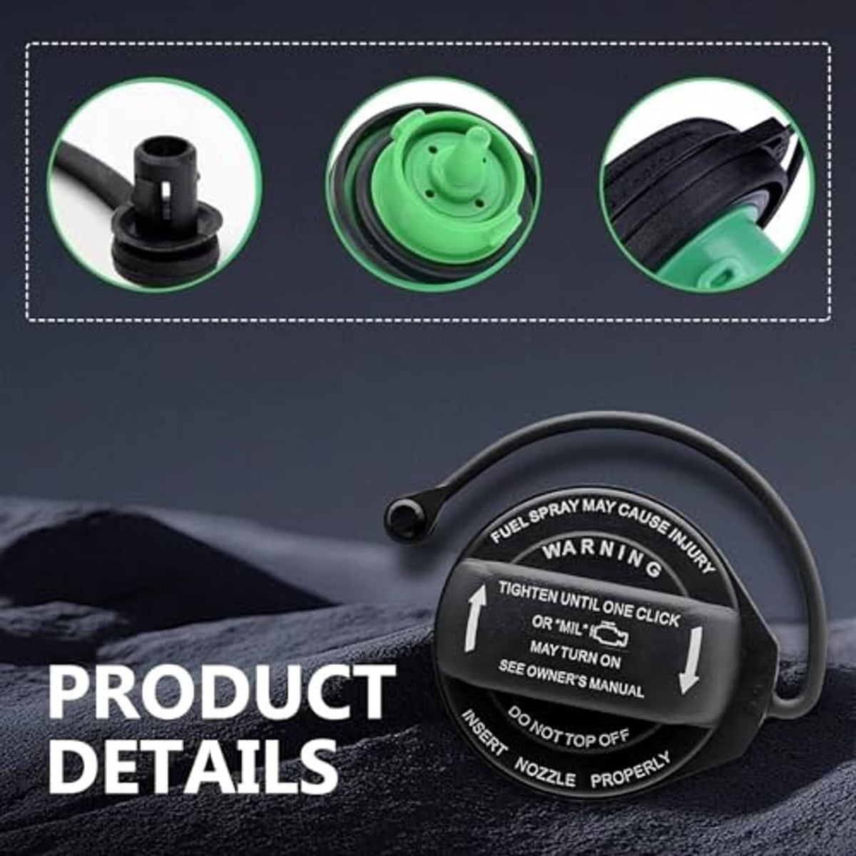 Fuel tank fuel cap with green inner seal, close-up view of black outer housing