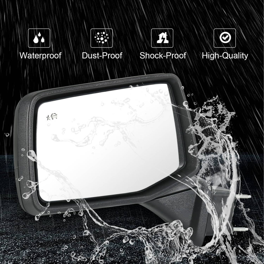 Black left driver-side mirror with waterproof, raindrop-resistant lens