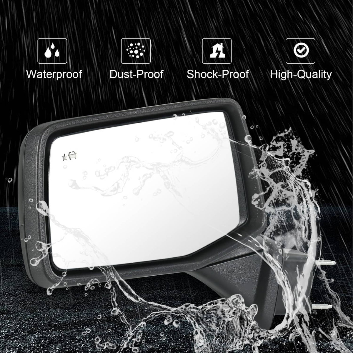 Black left driver-side mirror with waterproof, raindrop-resistant lens
