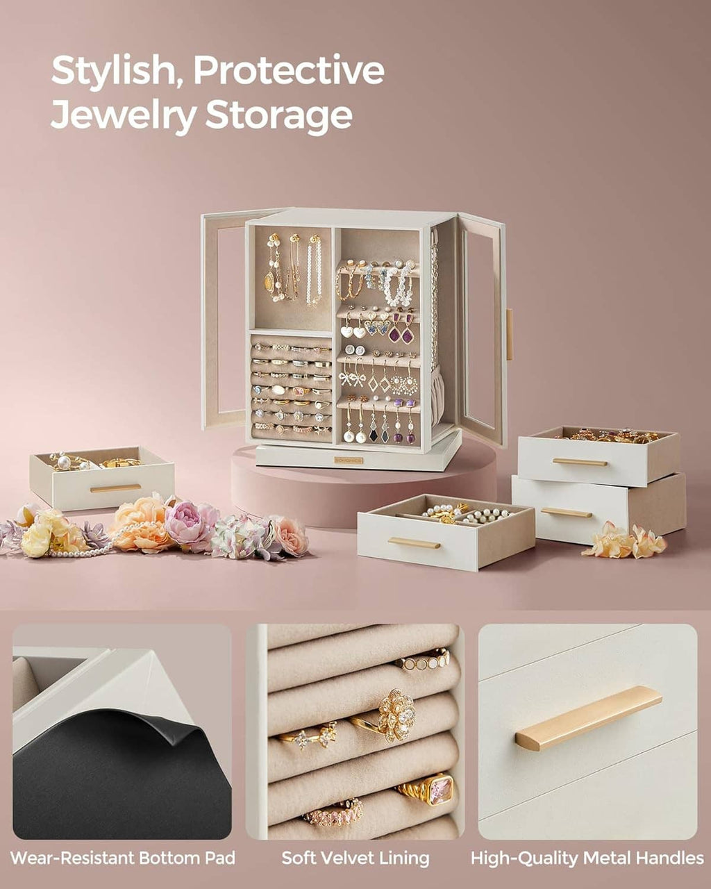 White jewelry storage cabinet with protective base, soft lining, and metal pull handles