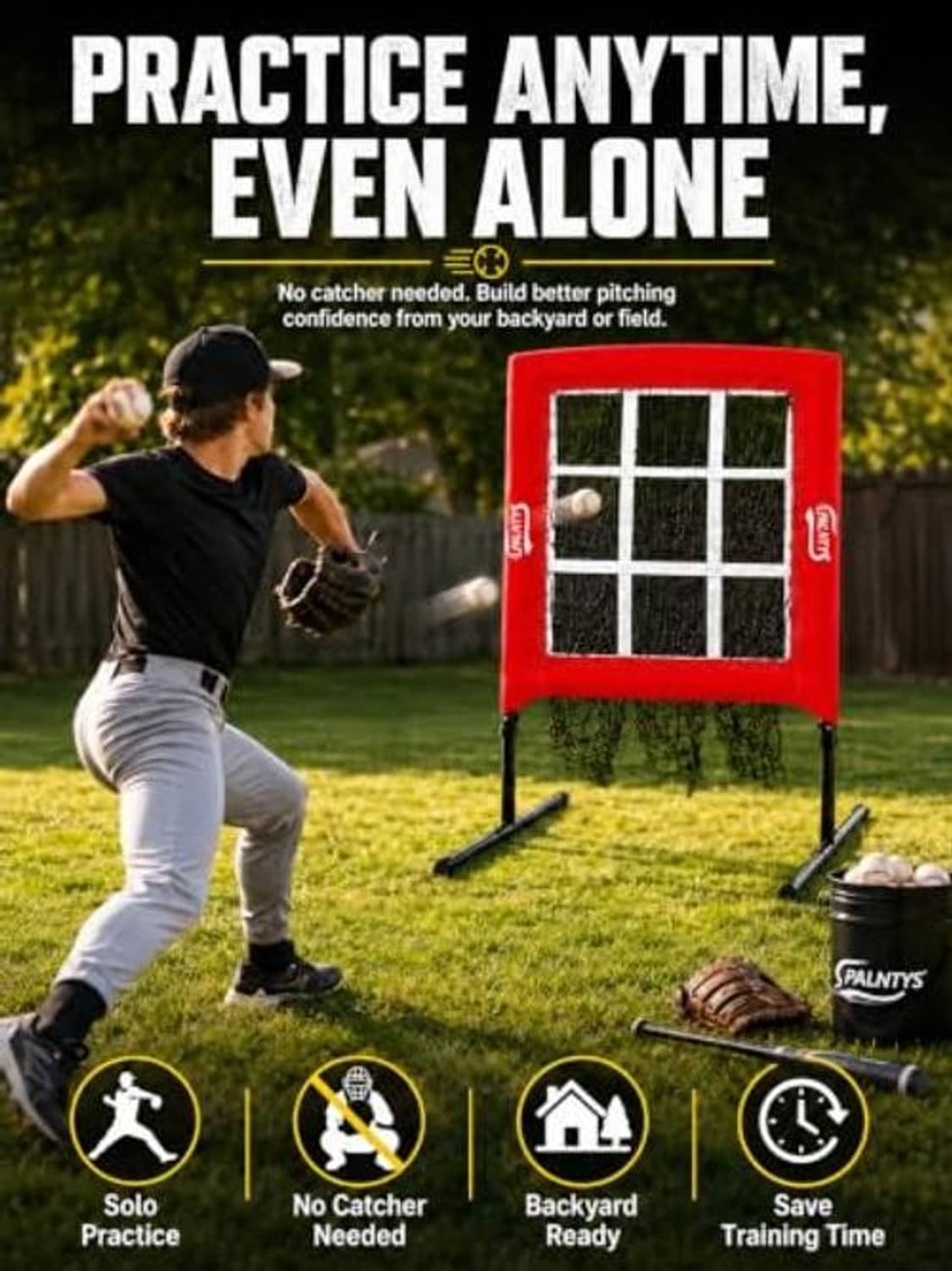 Red practice pitching target net with square grid and black storage tote bag
