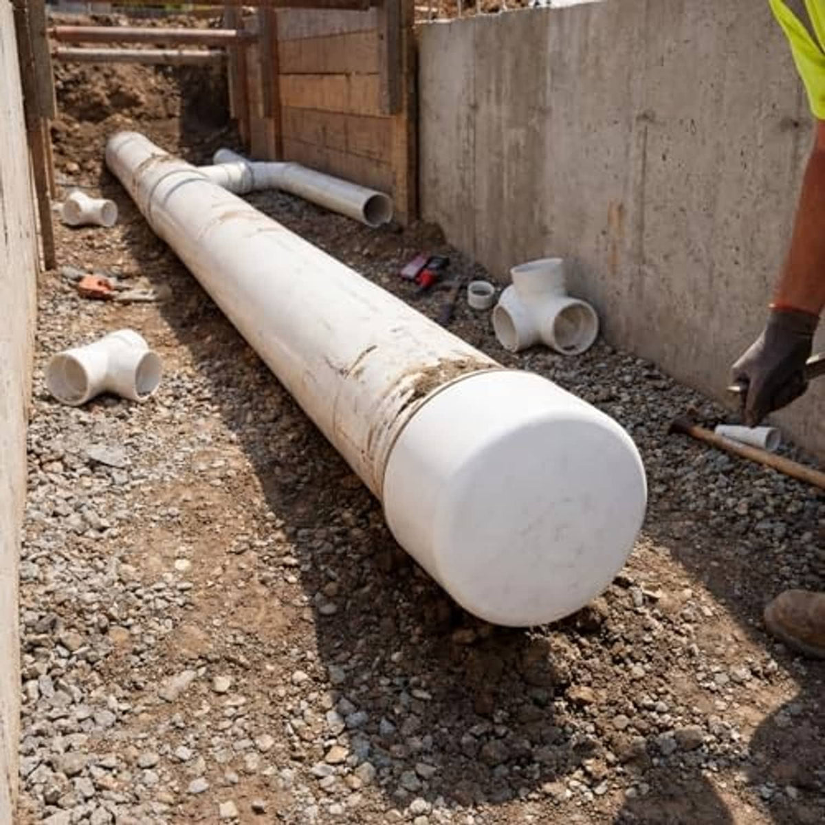 White PVC pipe end cap on a long PVC pipe run at a job site