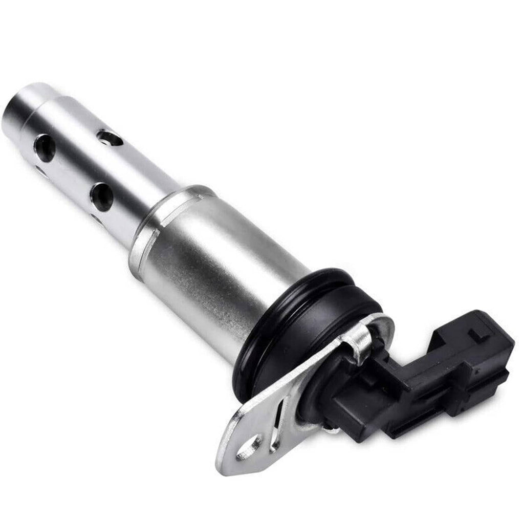 Variable timing solenoid valve detail with silver body, black ring seal, and connector