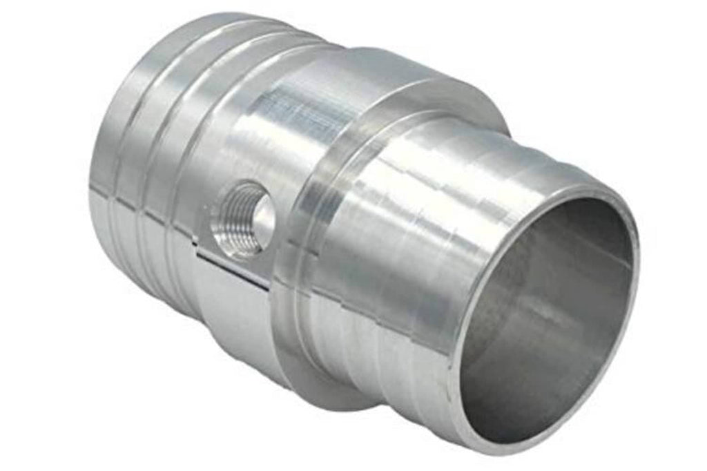 Silver radiator hose barb coupler with visible seam lines and central 1/8" NPT port.