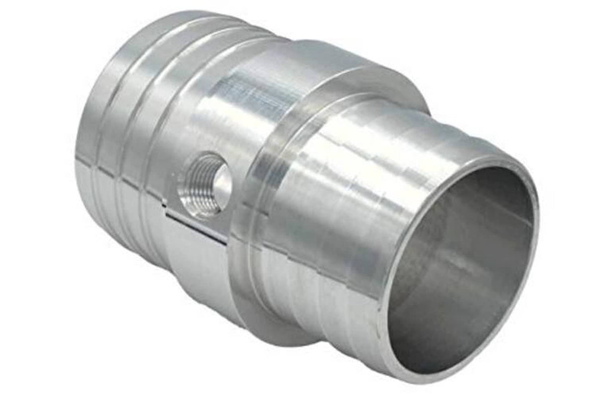 Silver radiator hose barb coupler with visible seam lines and central 1/8" NPT port.