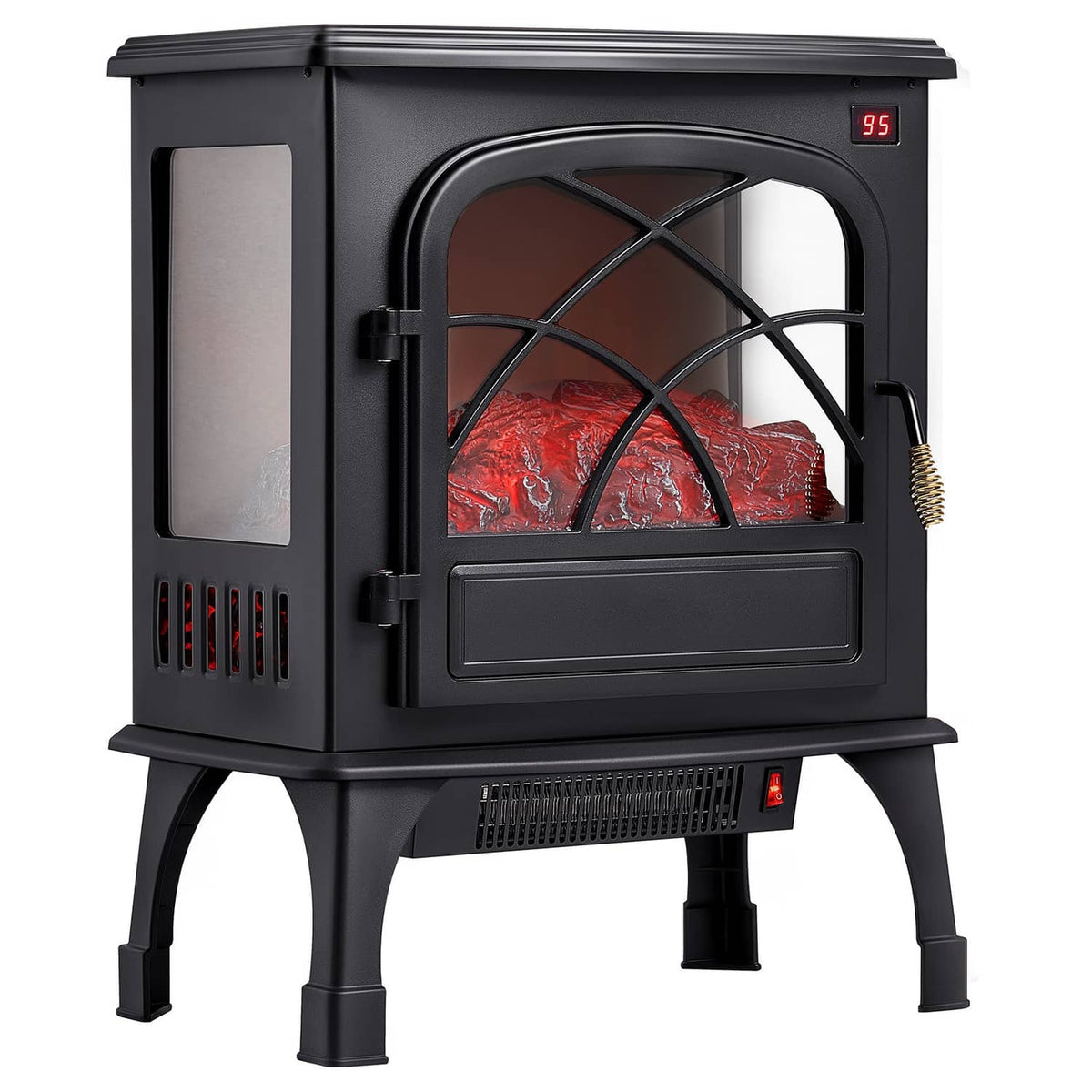 Black electric fireplace heater with arched glass front, glowing red flames, and 95 display