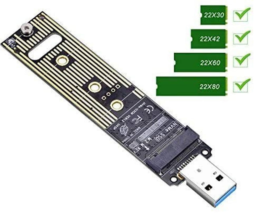 M.2 NVMe USB adapter with size indicators 22x30, 22x42, 22x60, and 22x80