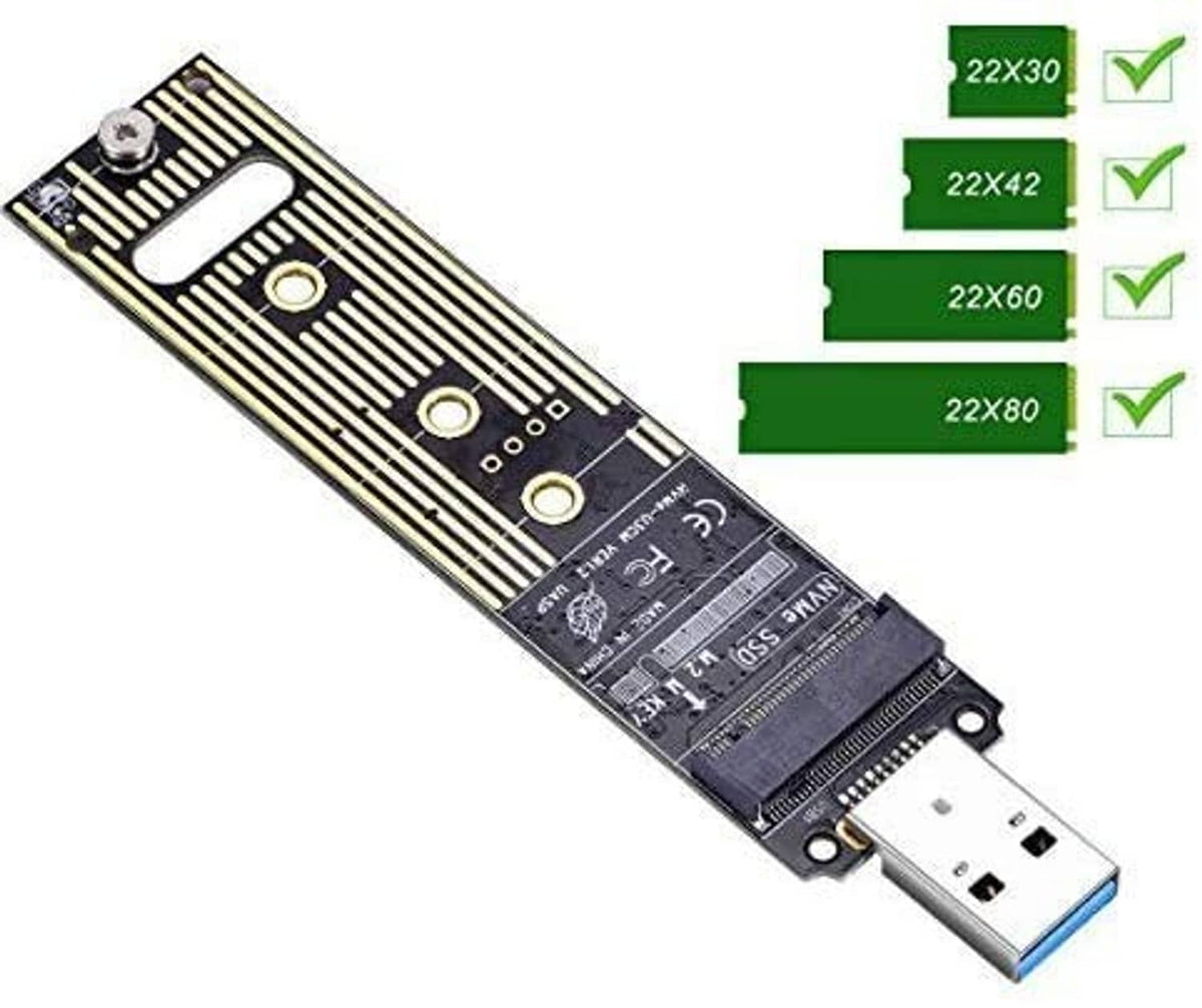 M.2 NVMe USB adapter with size indicators 22x30, 22x42, 22x60, and 22x80