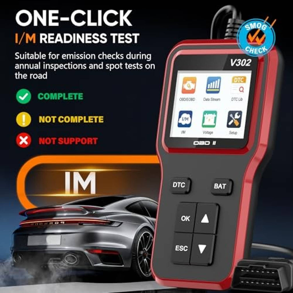 Red handheld OBD2 scanner with V302 display, keypad, and OBD connector cable