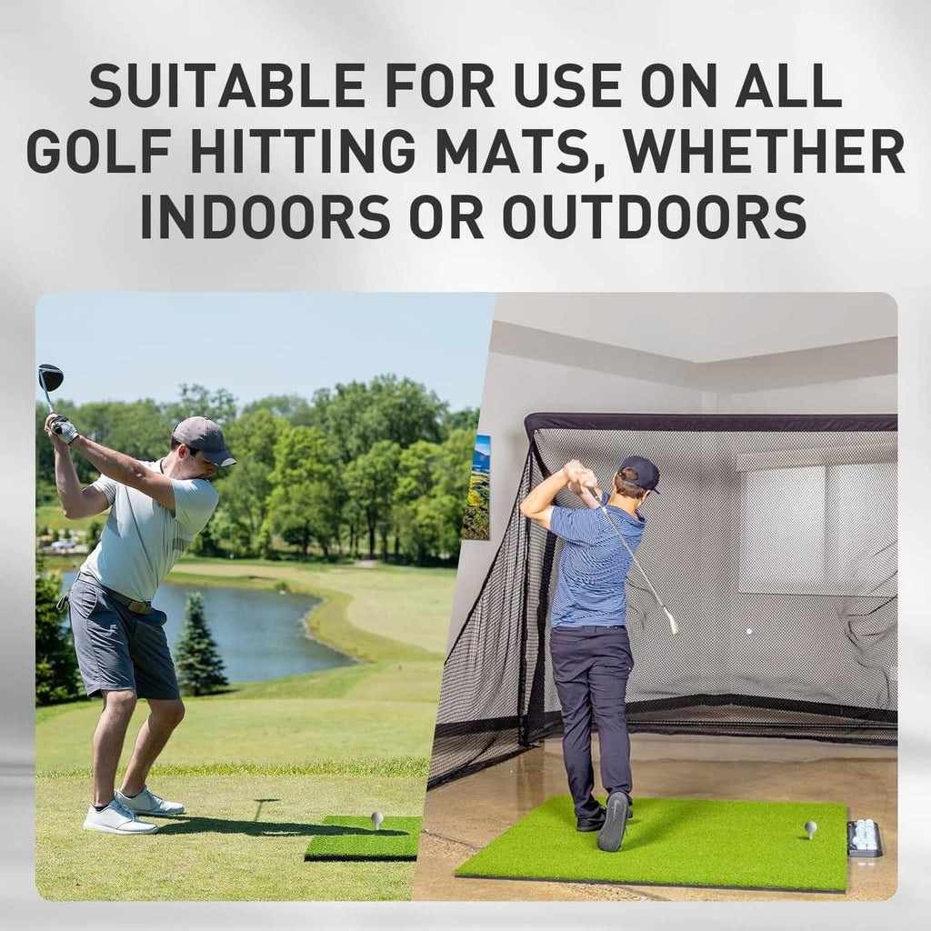 White rubber golf tee on green hitting mat for indoor or outdoor use
