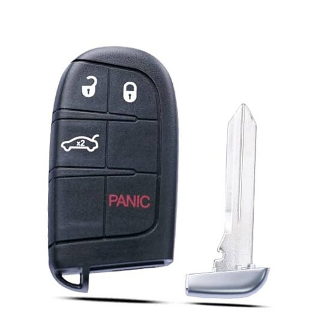Black key fob with lock/unlock/trunk buttons, red PANIC label, and metal key blade