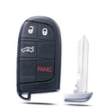 Black key fob with lock/unlock/trunk buttons, red PANIC label, and metal key blade