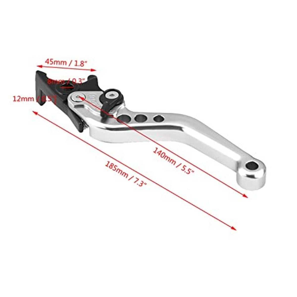 Silver brake lever with black housing, angled view showing lever profile and ends