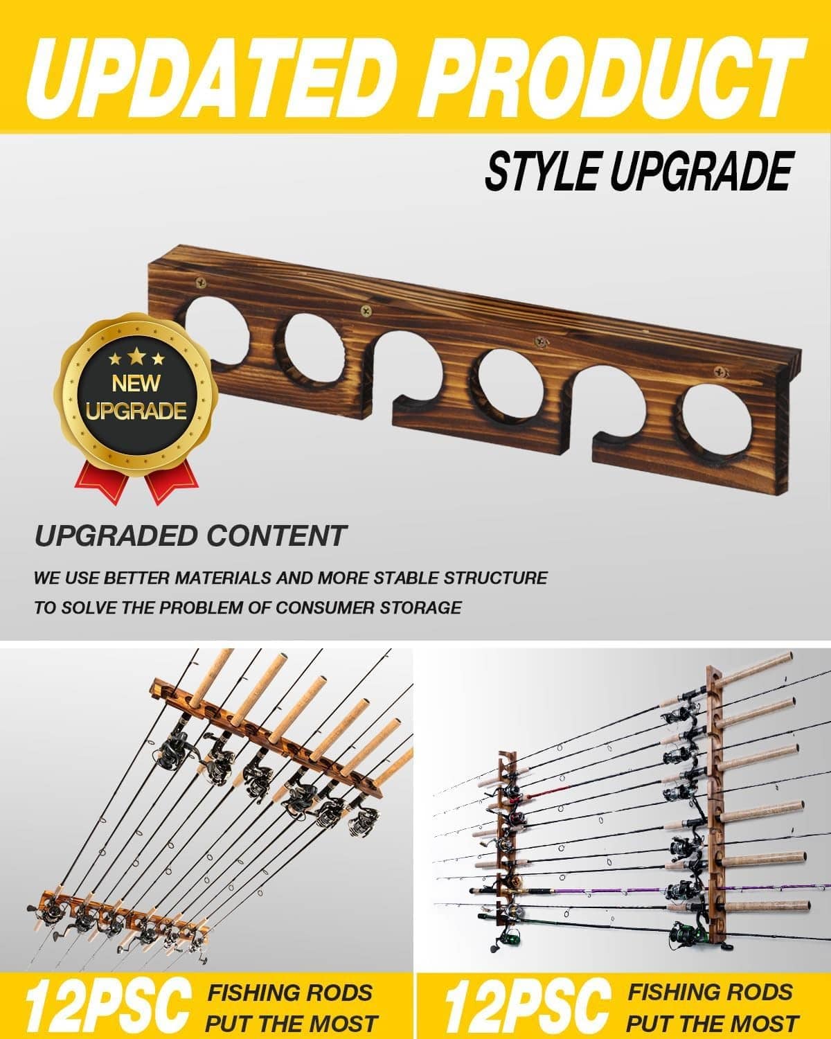 Brown wood fishing rod rack bar with circular cutouts and mounted holder pegs