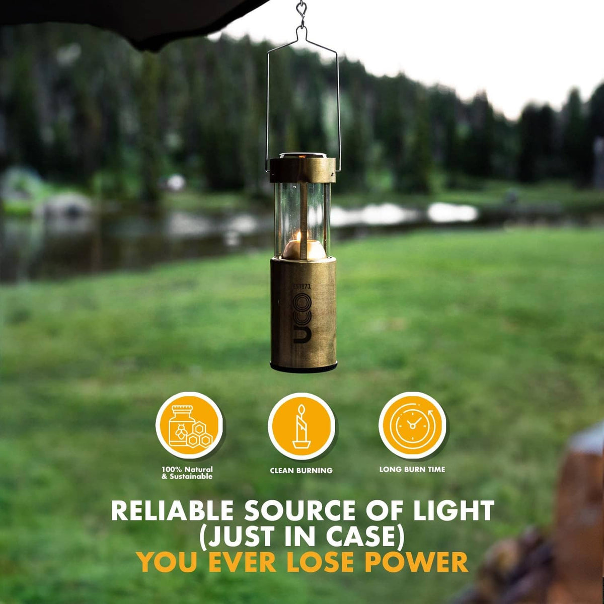 Hanging natural beeswax emergency candle in metal holder, lit flame