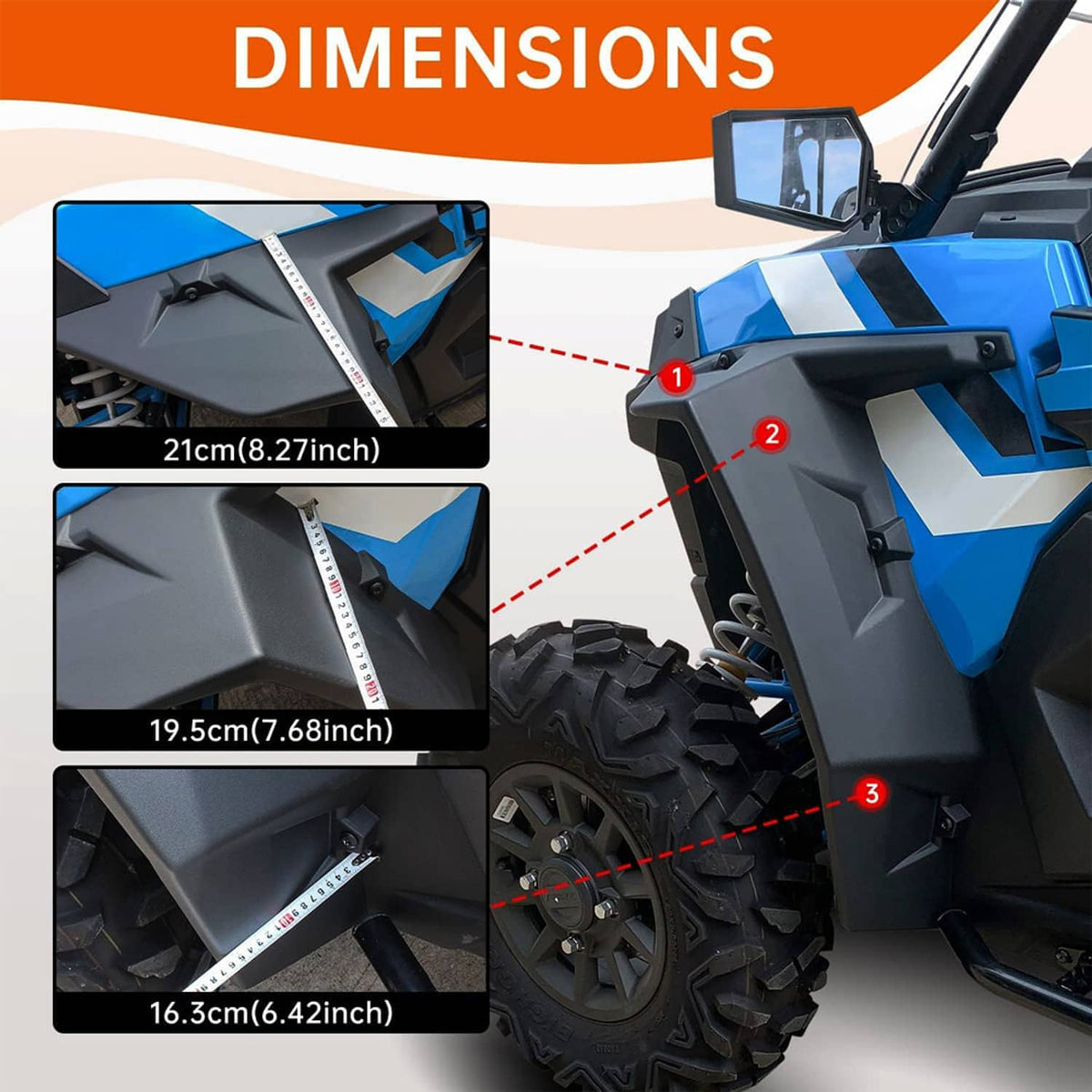 Front extended fender flare dimensions diagram with black flare panels