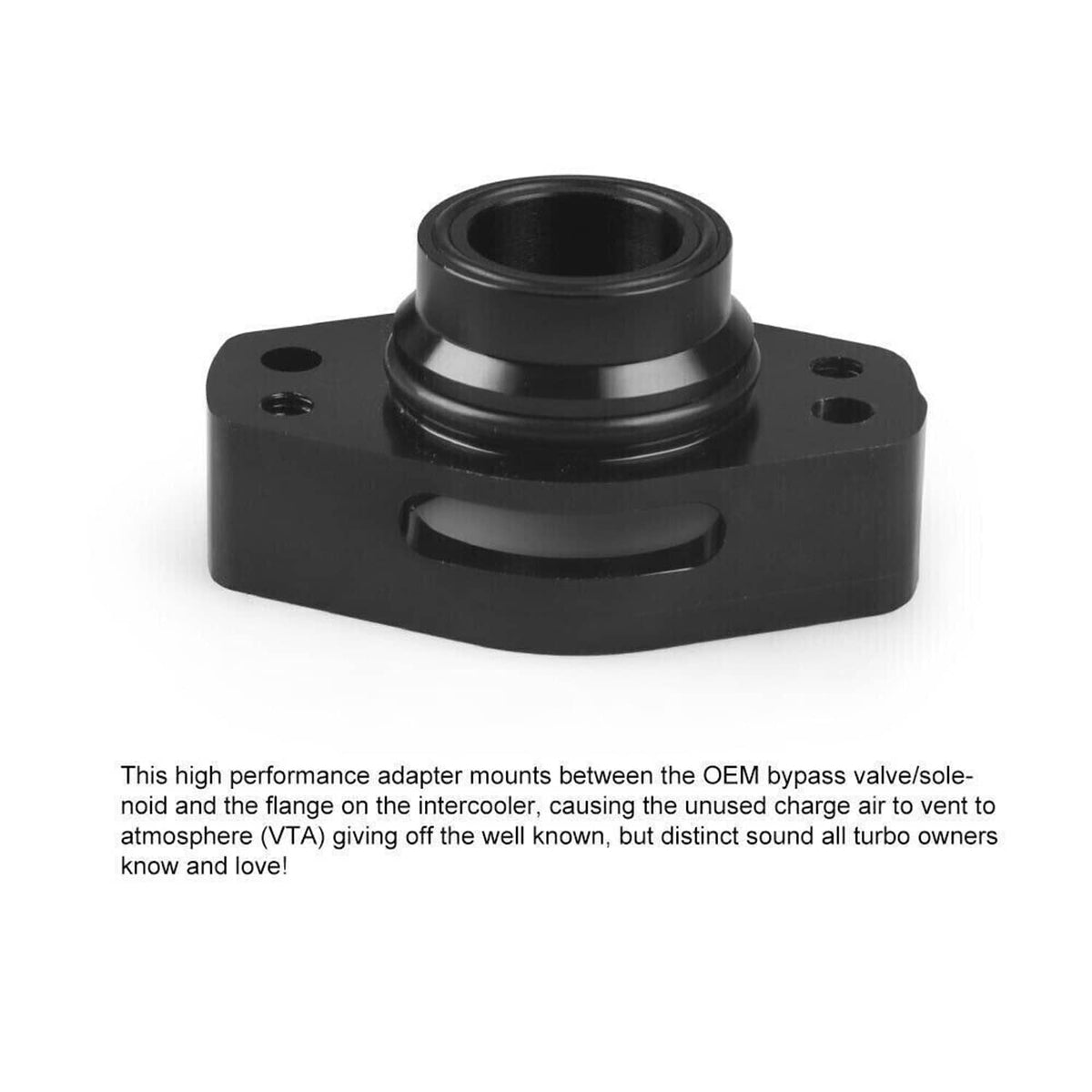 Black turbo blow off valve adapter with central ring and four mounting bolt holes