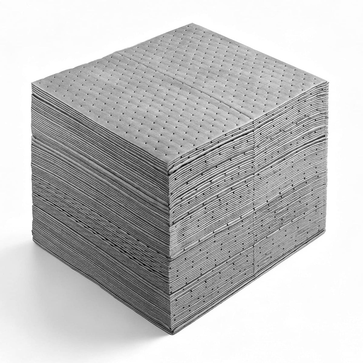 Grey oil and water absorbent pads, neatly stacked 100-pack, 16 x 18 in.