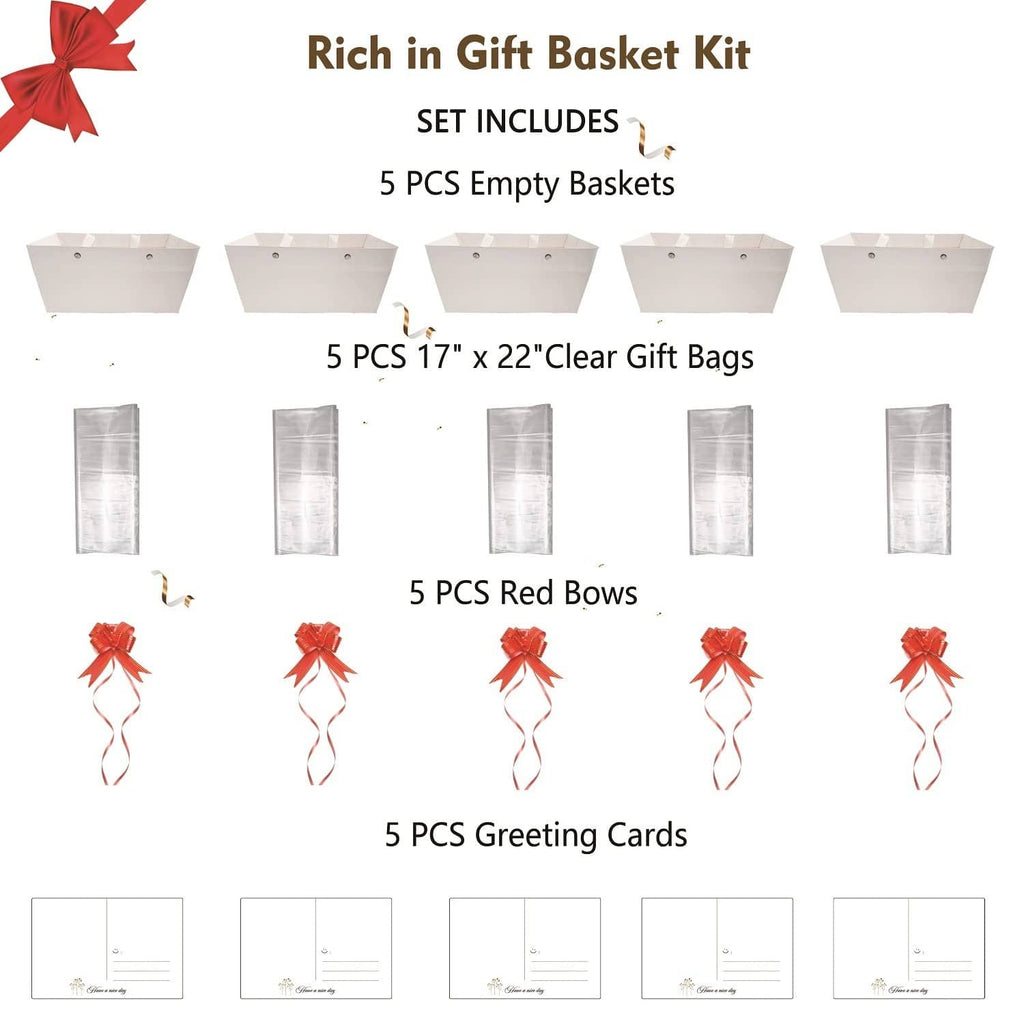 Empty gift basket set with five white baskets, clear bags, red bows, and cards