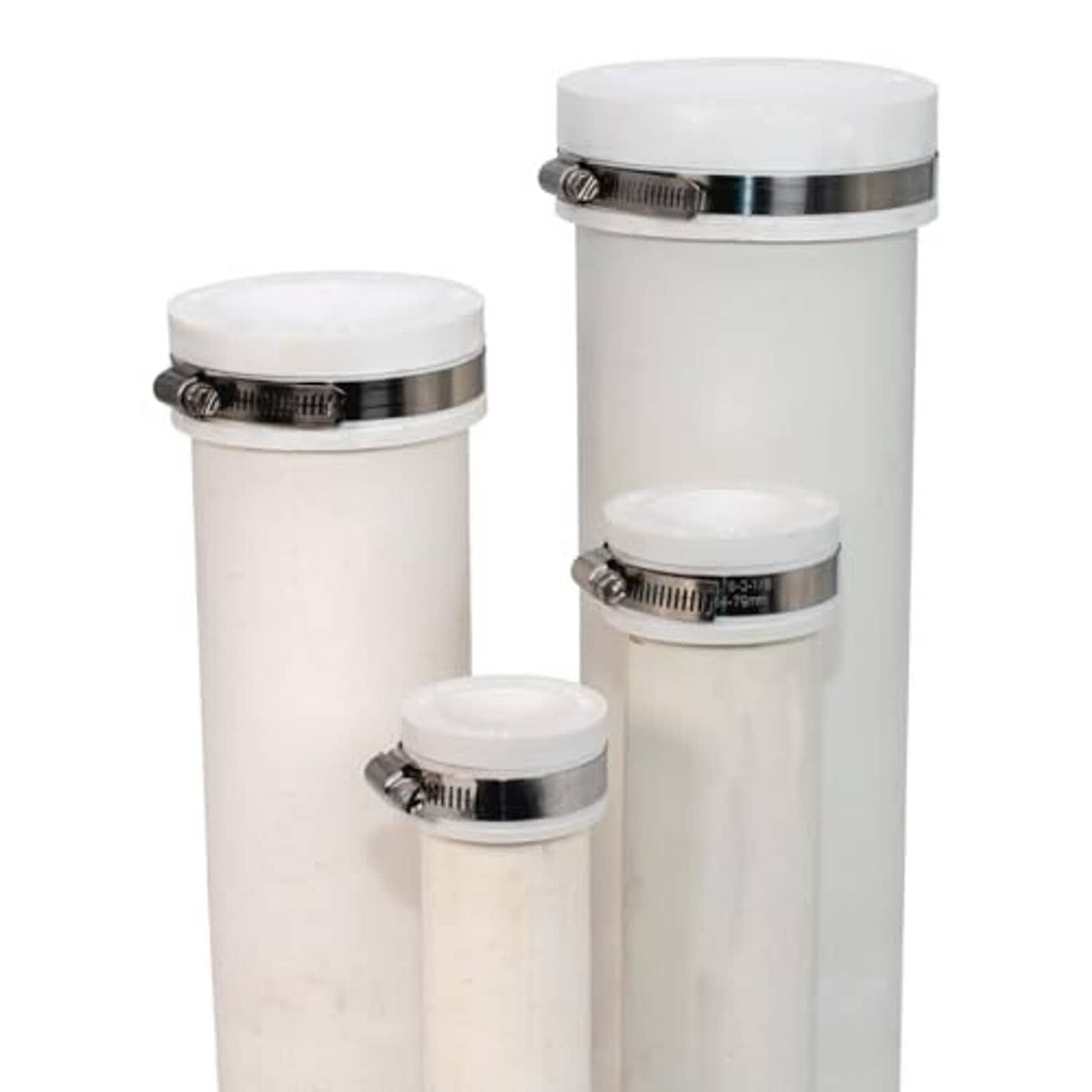 Set of white flexible PVC pipe caps with clear tops and stainless clamp bands