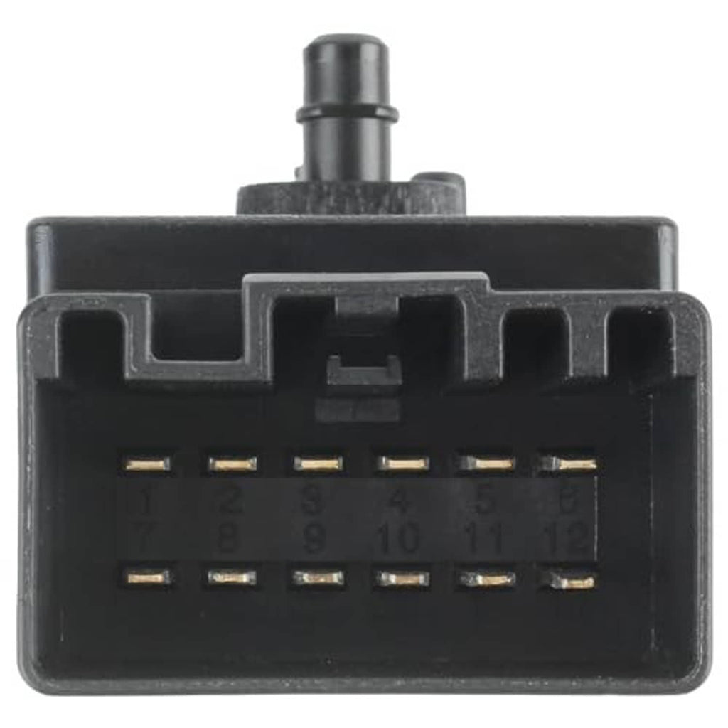 Power seat control switch connector face with numbered pin rows, dark plastic