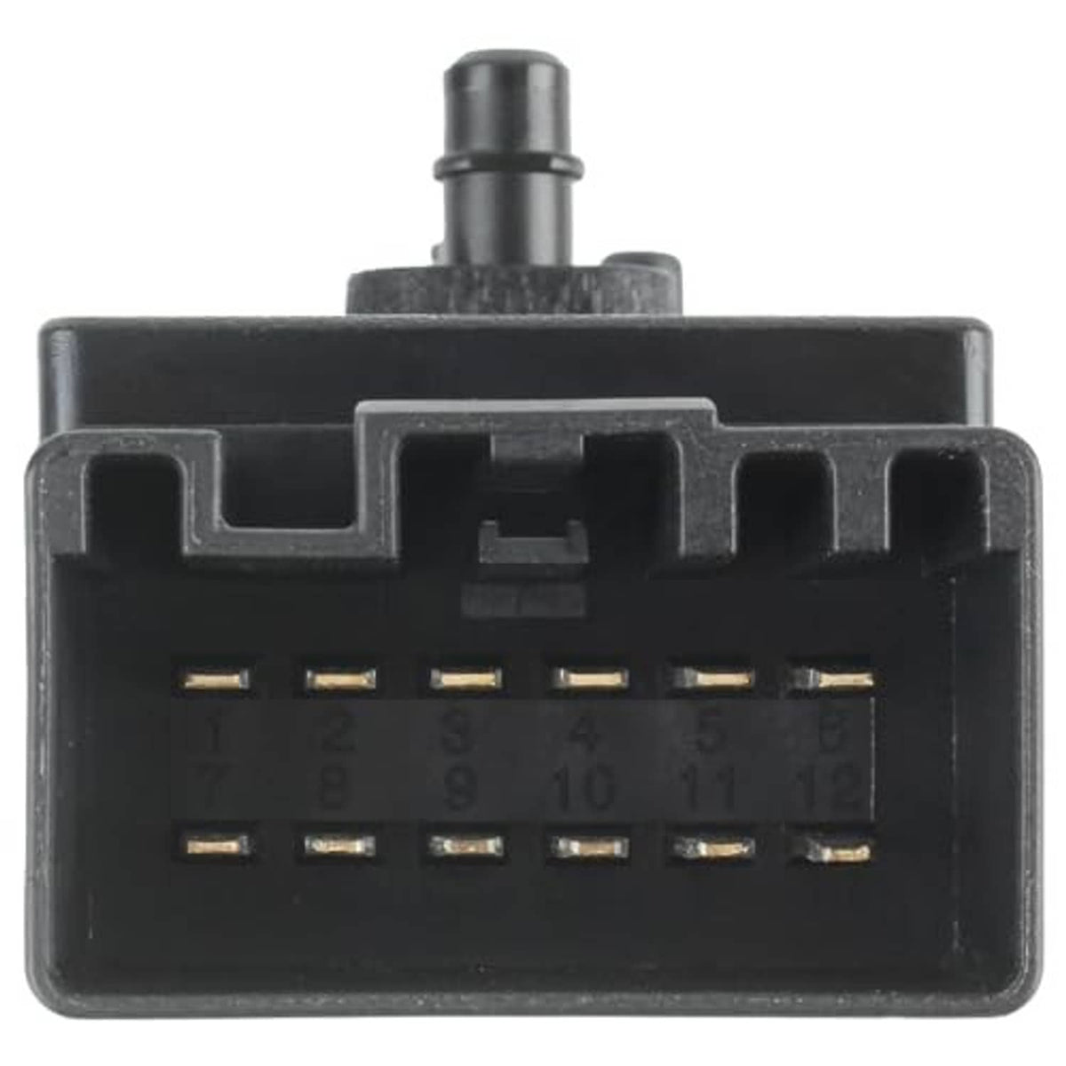Power seat control switch connector face with numbered pin rows, dark plastic