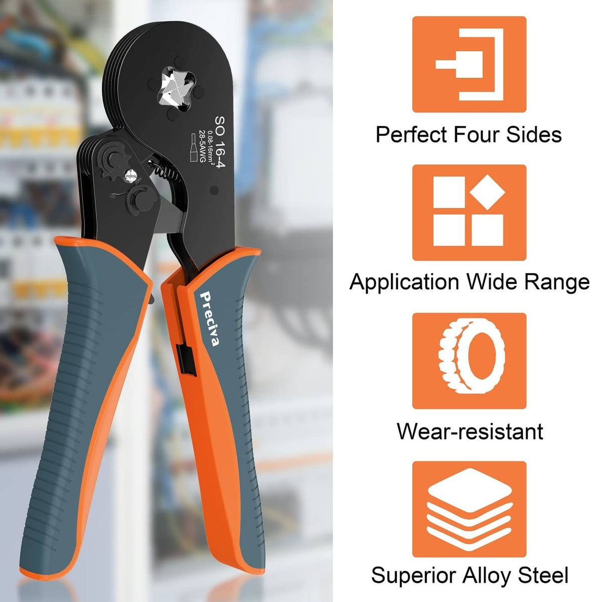 Wire ferrule crimping pliers with orange grips and black head, four-sided jaw