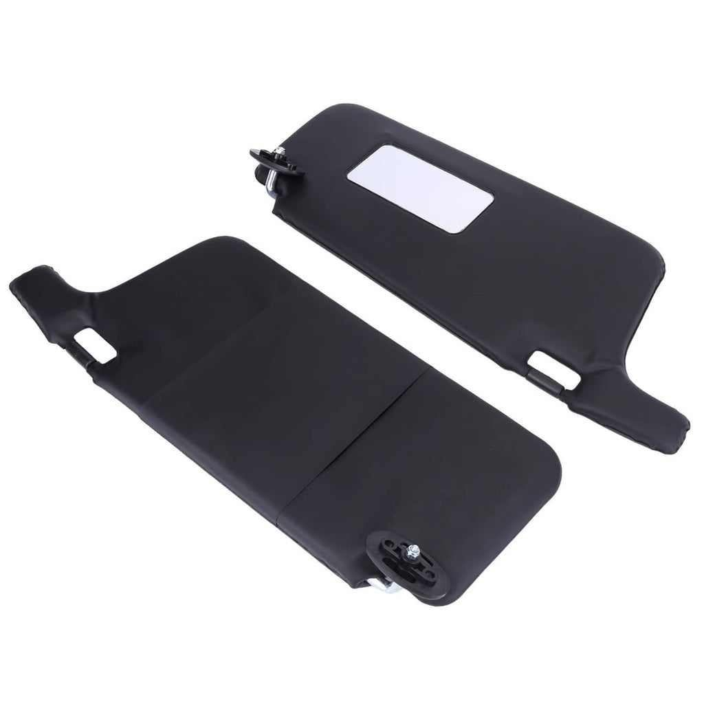 Black sun visors with clip hardware, including rectangular light-cut openings