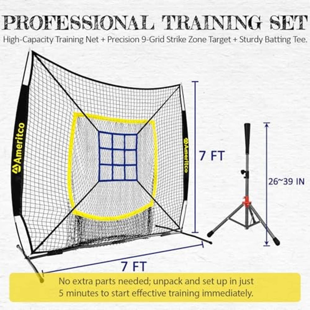 7 ft baseball training net set with blue 9-grid strike target and batting tee