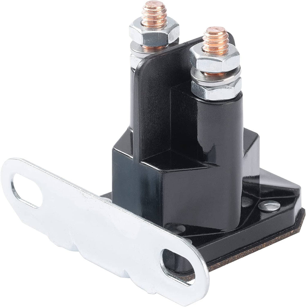 Lawn mower starter solenoid with black body, white bracket, and copper-topped mounting screws
