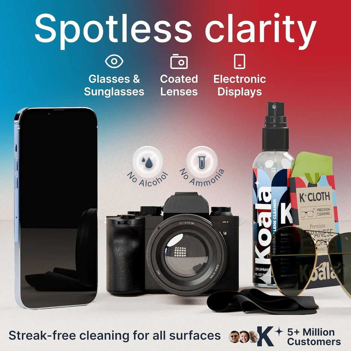 Lens cleaner spray bottle with black sprayer beside green microfiber cloth and K-cloth pack.