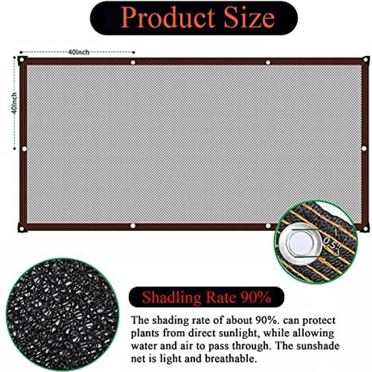 Rectangular black shade cloth panel with brown trim, corner grommets, and tight weave