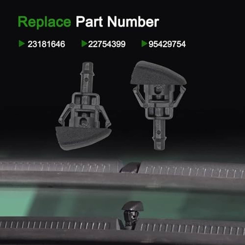 Windshield washer fluid jet nozzle pair with spray tips and mounting stems, close-up