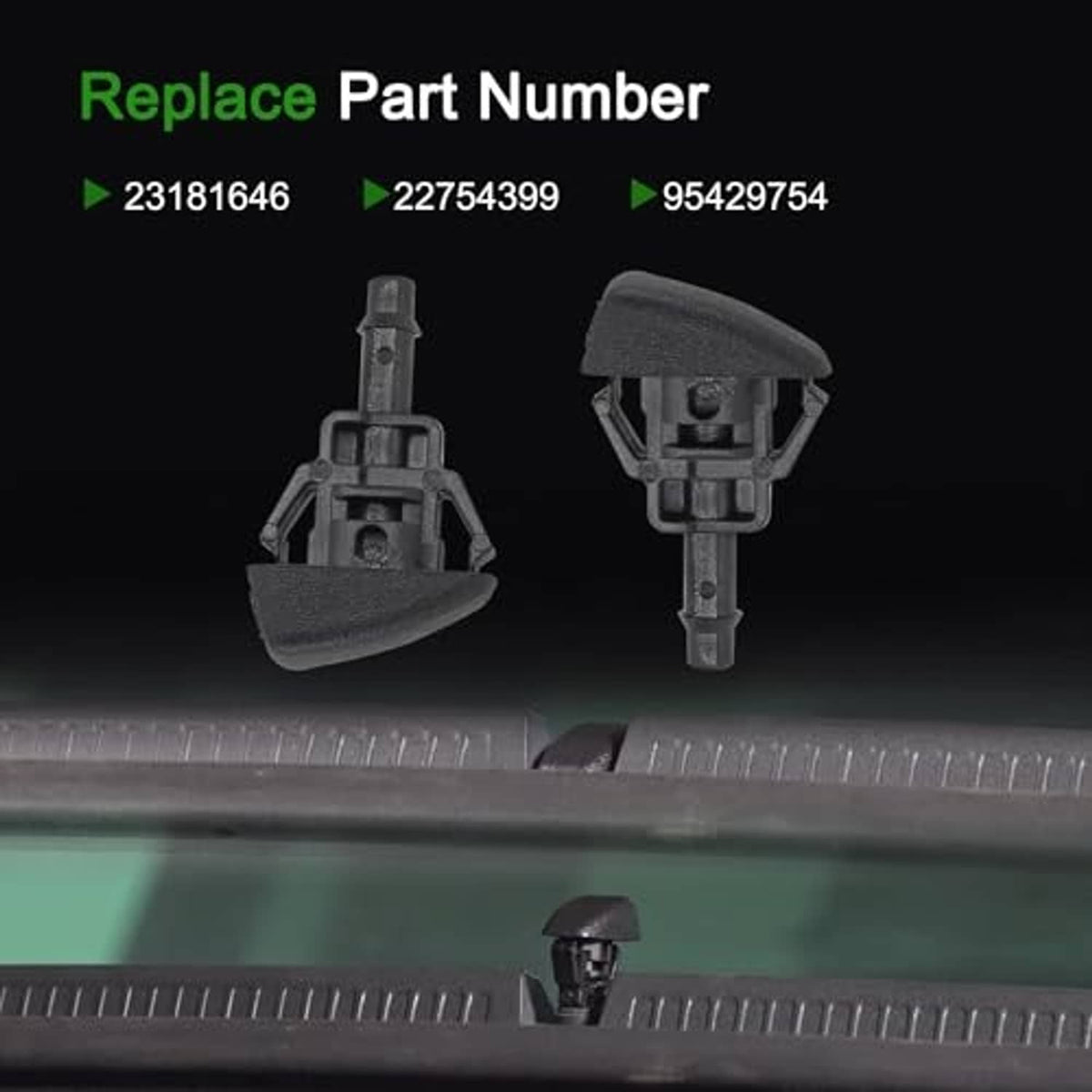 Windshield washer fluid jet nozzle pair with spray tips and mounting stems, close-up