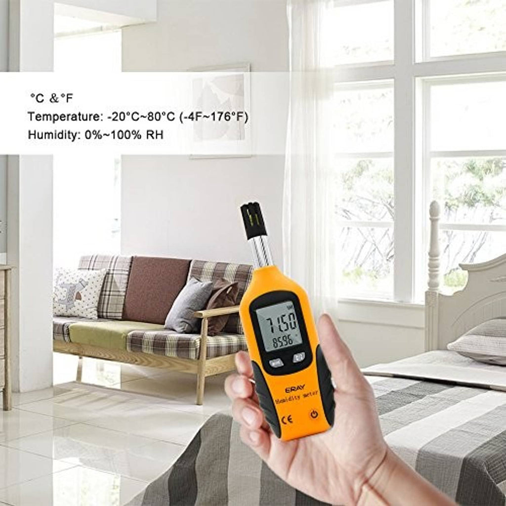 Handheld digital humidity and temperature meter with backlit LCD and orange body.