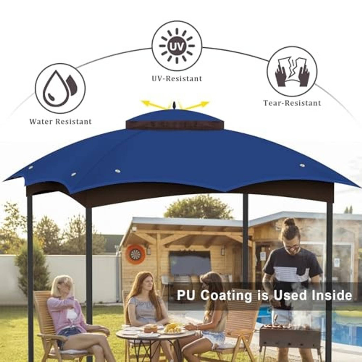 Blue gazebo canopy top cover with brown valance and tear-resistant fabric
